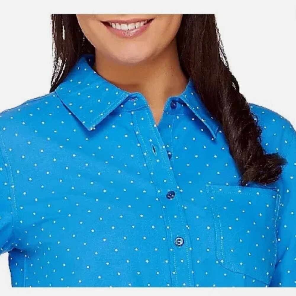 Denim&Co Size Extra Large Bright Aqua Woven Polka Dot Button Front Tunic Top